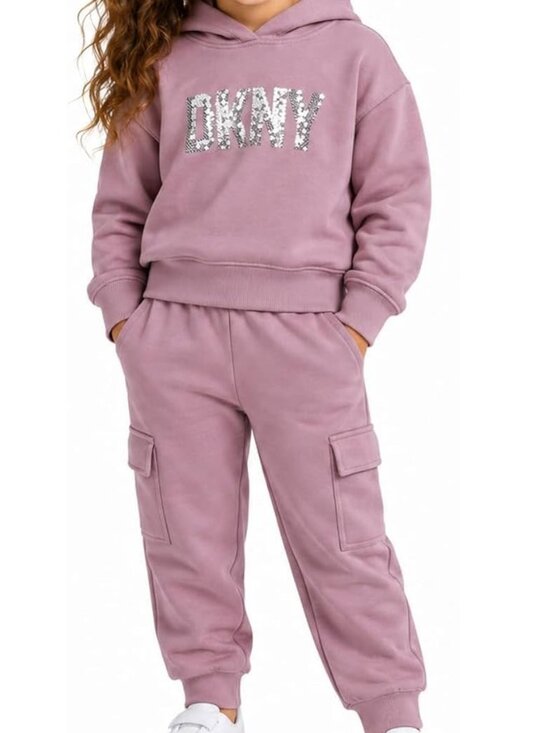Dkny Other - DKNY girls jogger set pink sequin hoodie and sweatpants